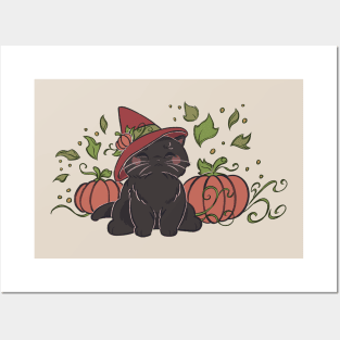 Black Autumn Pumpkin Cat Posters and Art